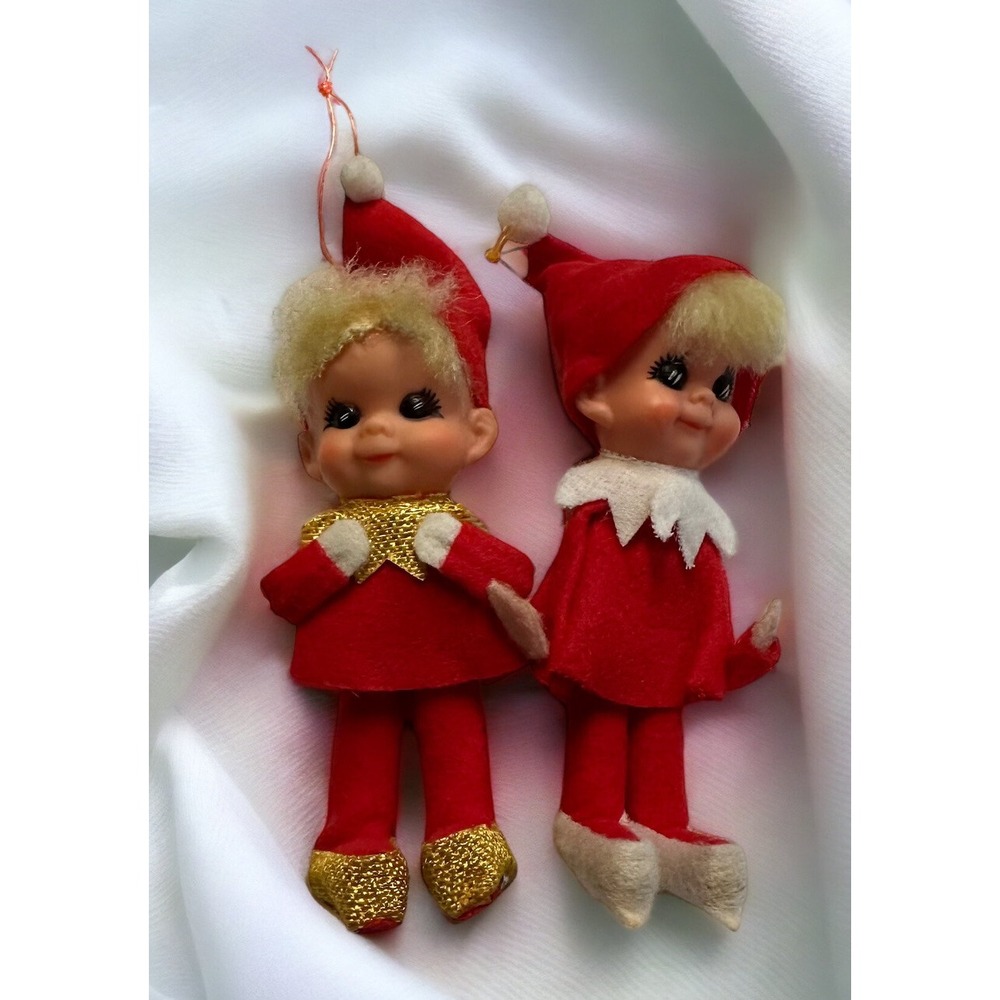 Vtg Christmas Ornaments Shelf Sitter Pixie Elves Made in Japan Lot of 2 Kitschy